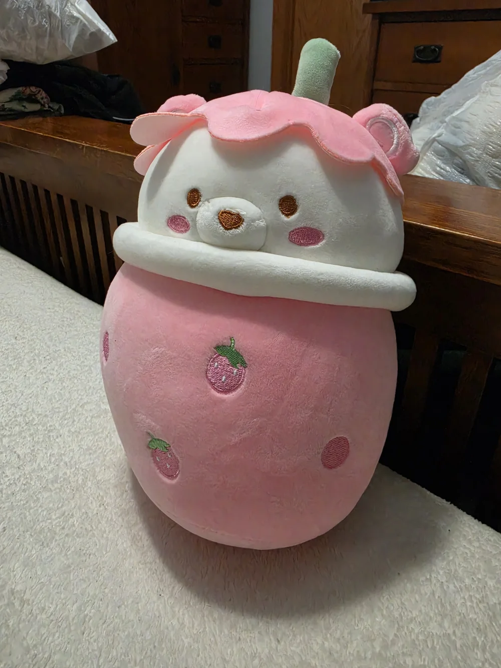 Kawaii Strawberry Bubble Tea Bear Plush Stuffed Animal - Picture 2 of 5
